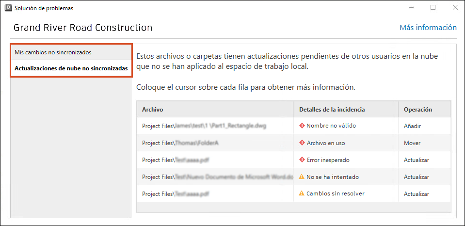 Herramienta de resolución de problemas que muestra las fichas de cambios sin sincronizar
