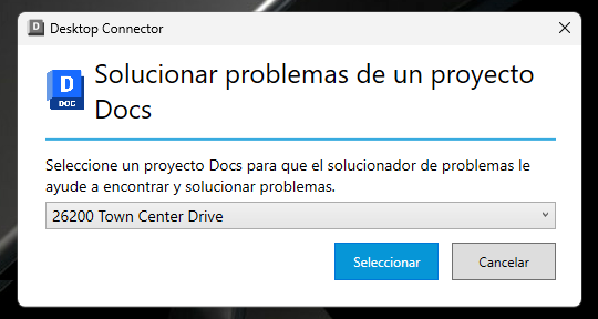 Pantalla de selección de proyecto en la herramienta de resolución de problemas