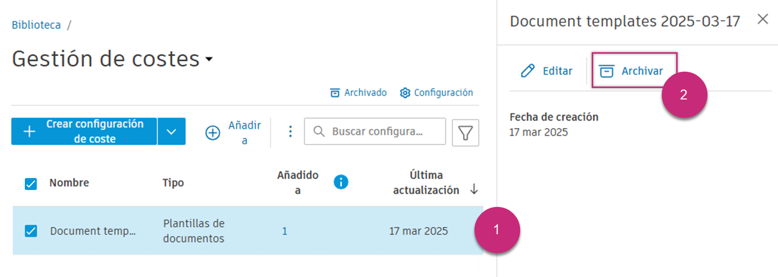 Archivar configuración de coste