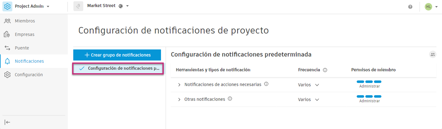 Configuración por defecto del proyecto