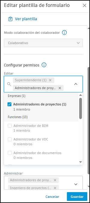 Captura de pantalla de permisos de plantilla de formulario de proyecto