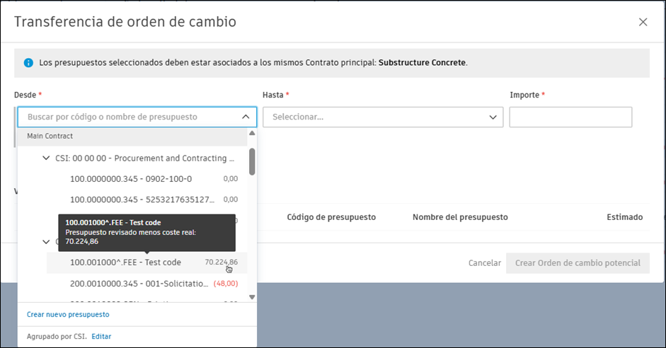 Presupuesto disponible en el selector de presupuestos