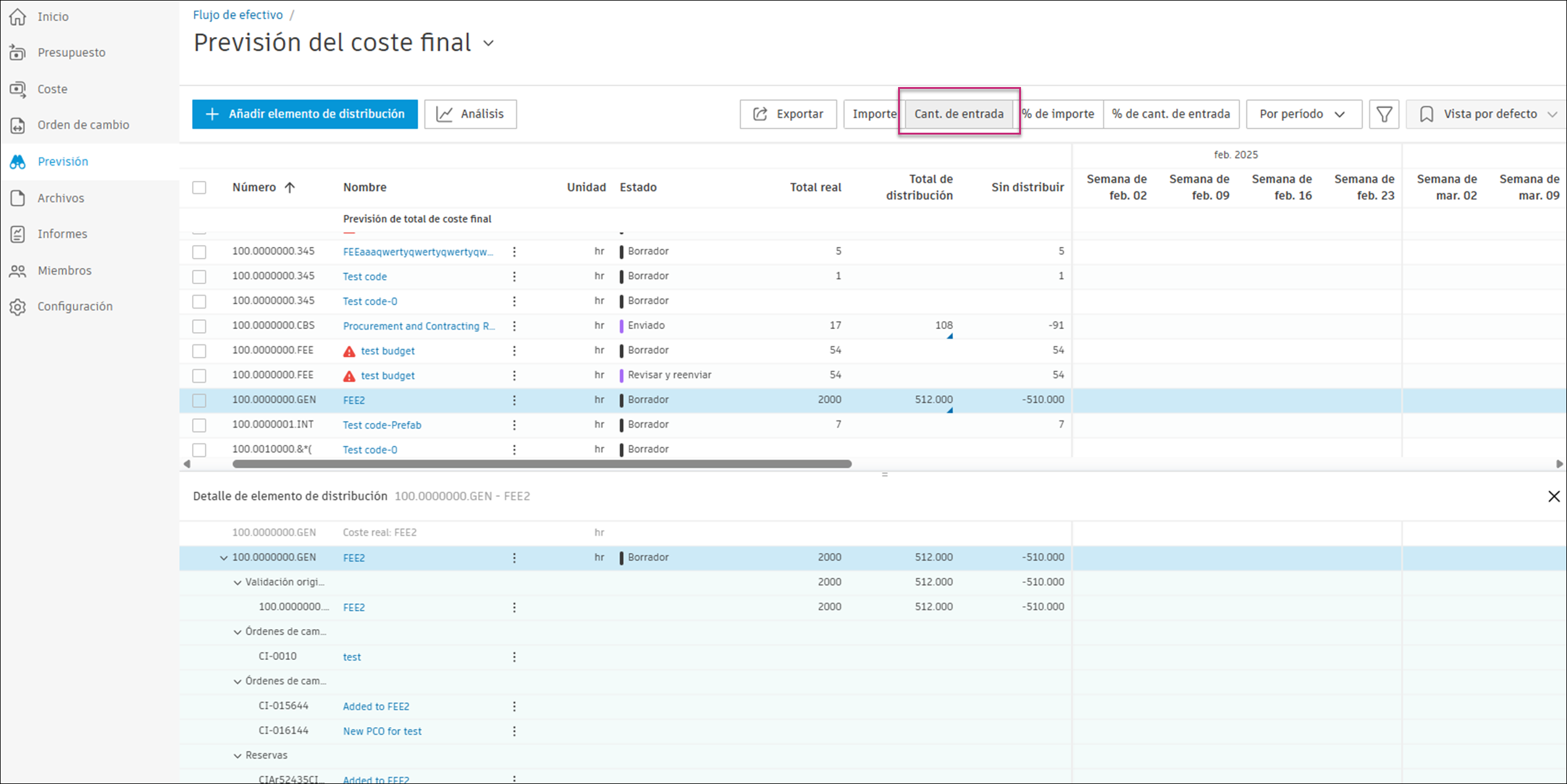 Vista basada en cantidades en Flujo de efectivo
