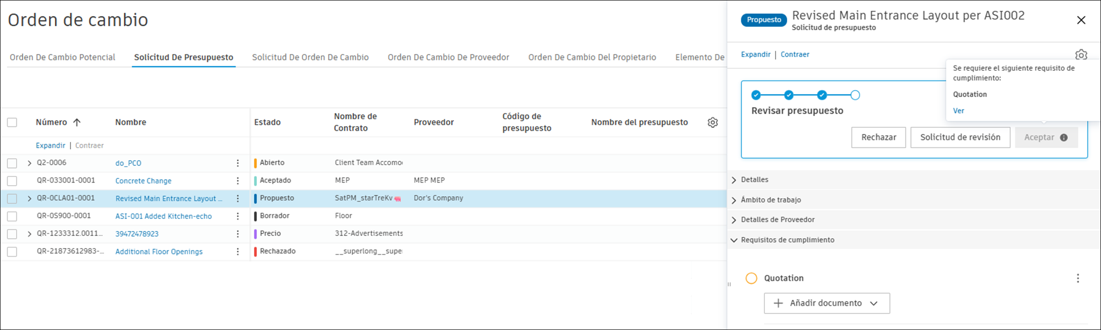 Sección Requisitos de cumplimiento