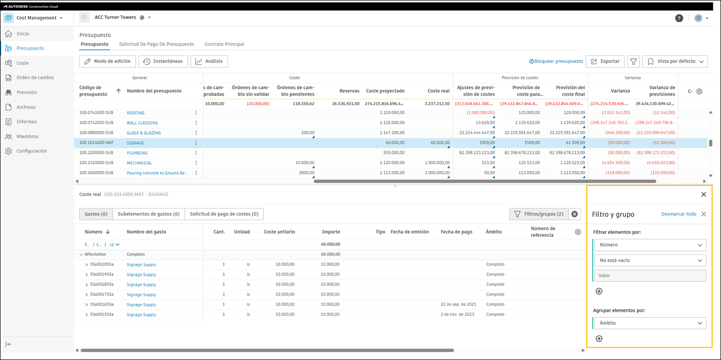 Mejora de la opción desplegable Coste real
