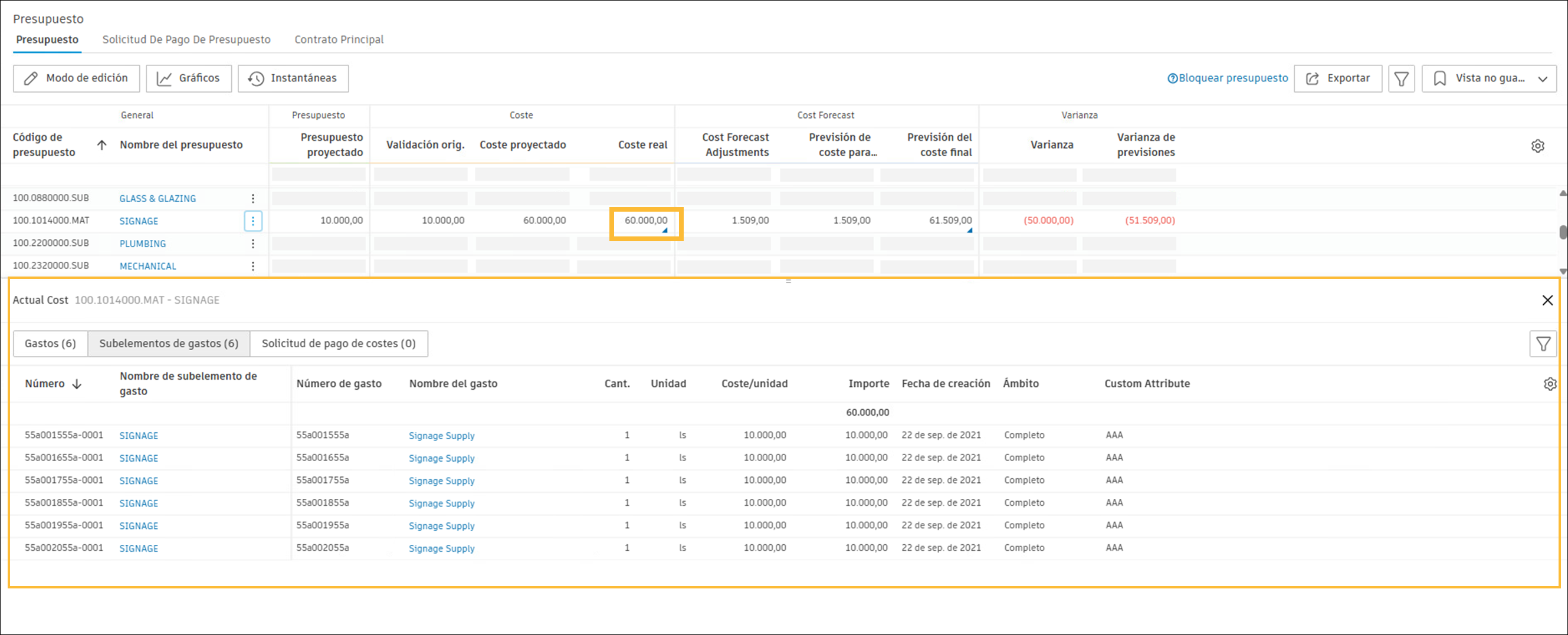 Visualización mejorada de gastos y subelementos de gastos
