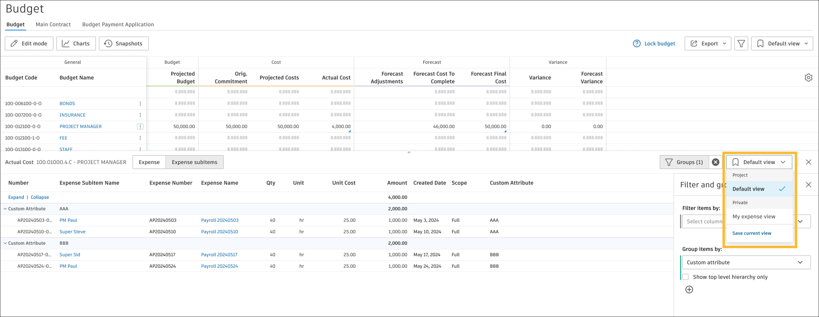 Filtrar y agrupar en la opción desplegable inferior