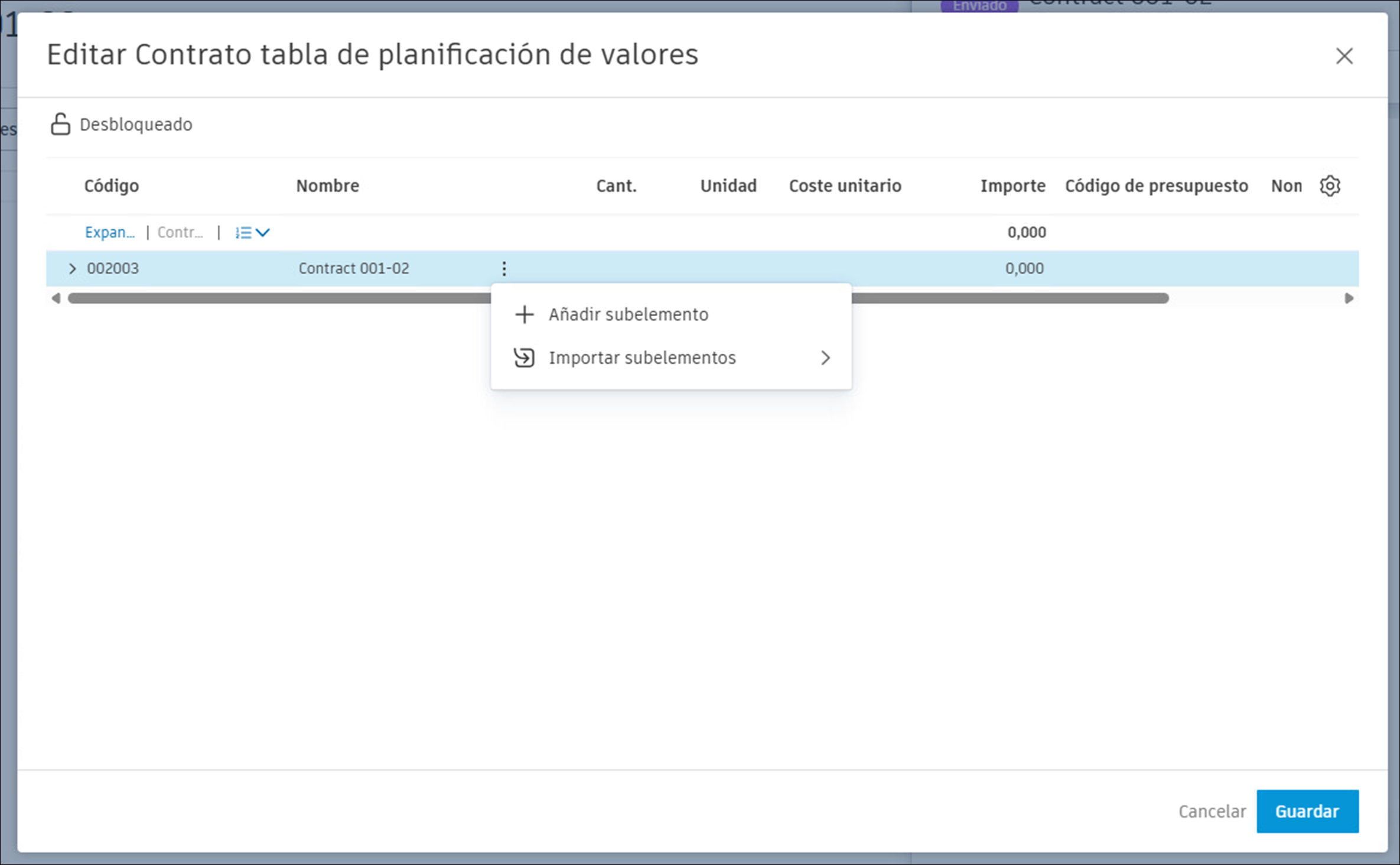 Editar la planificación de valores del contrato
