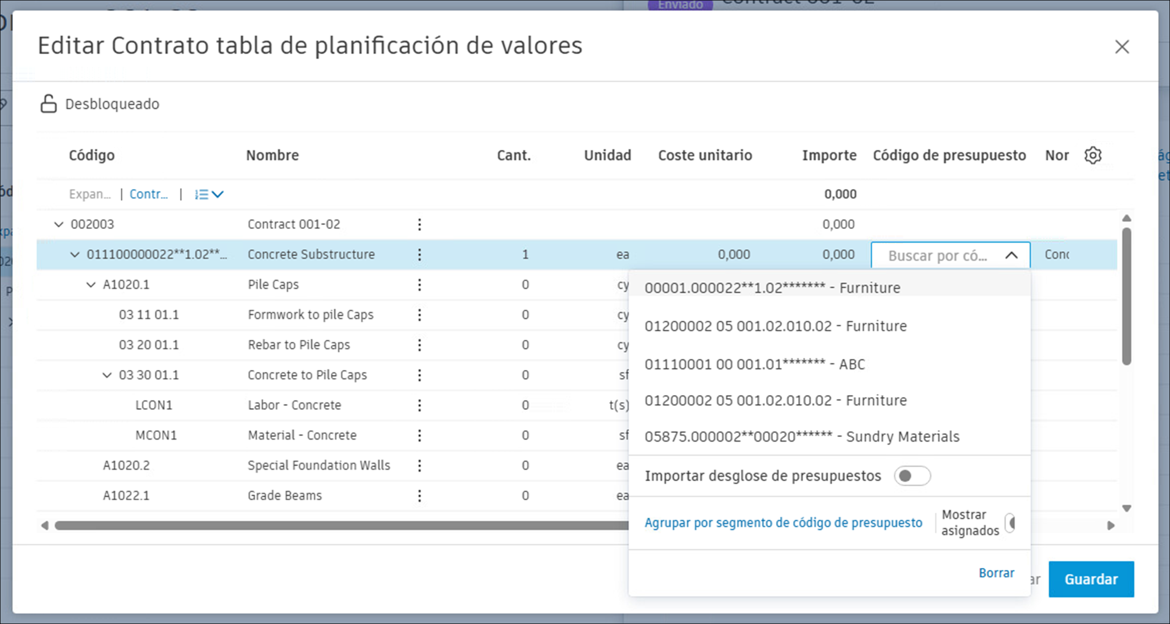 Menú desplegable Código de presupuesto