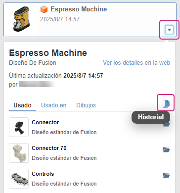 botón de historial del panel de datos