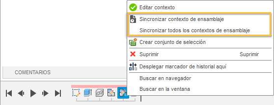 menú sincronizar contextos de ensamblaje en secuencia temporal
