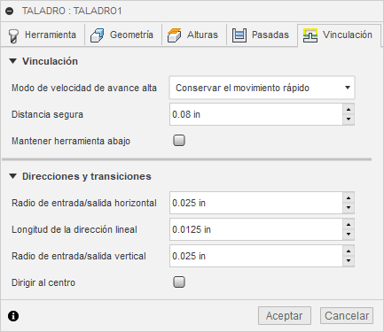 ficha de vinculación del cuadro de diálogo de mandrinado 2D