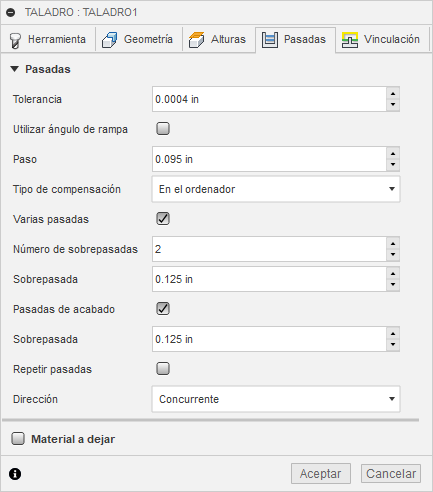 pestaña pasadas del cuadro de diálogo de mandrinado 2D