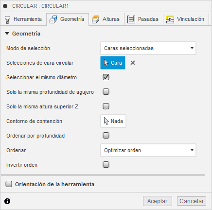 ficha geometría del cuadro de diálogo de circular 2D: caras