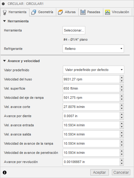 ficha herramienta del cuadro de diálogo de circular 2D