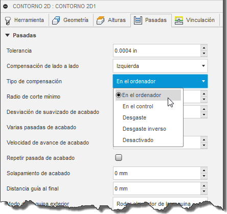ficha Pasadas del cuadro de diálogo Contorno 2D: tipo de compensación