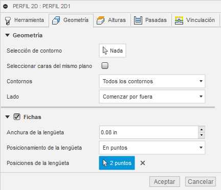 ficha de geometría del cuadro de diálogo de perfil 2D: chorro de agua