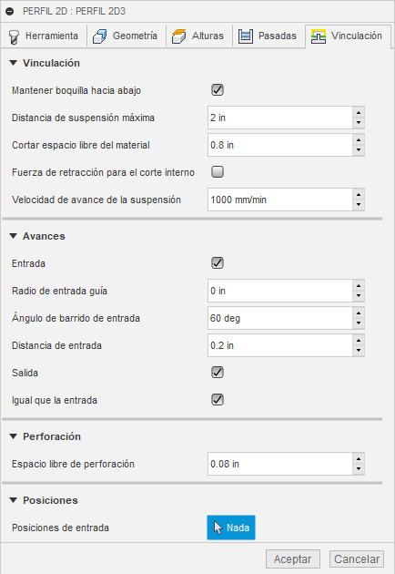 ficha de vinculación del cuadro de diálogo Perfil 2D: chorro de agua