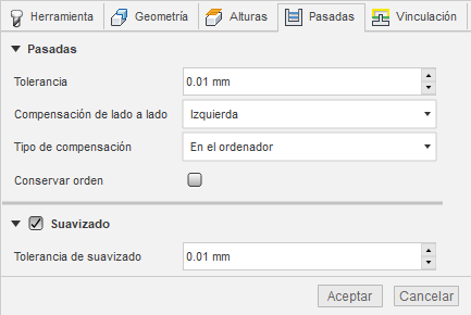 ficha Pasadas del cuadro de diálogo de perfil 2D: chorro de agua