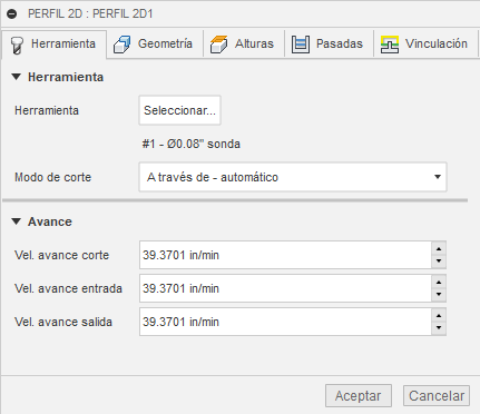 ficha de herramienta del cuadro de diálogo Perfil 2D: chorro de agua