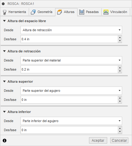 ficha alturas del cuadro de diálogo de rosca 2D