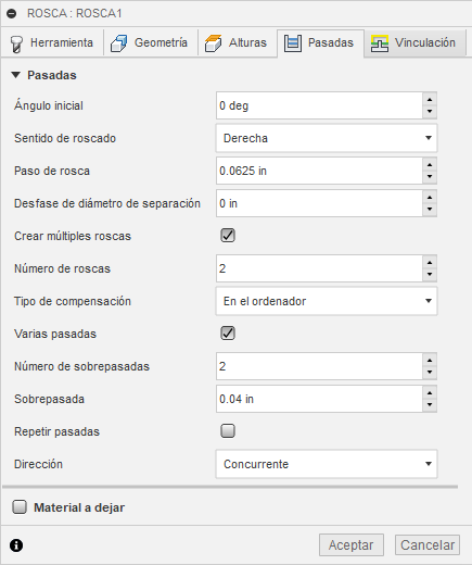 pestaña pasadas del cuadro de diálogo de rosca 2D