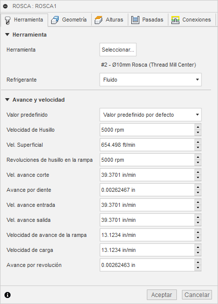 ficha herramienta del cuadro de diálogo de rosca 2D