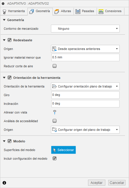 ficha geometría del cuadro de diálogo limpieza adaptativa 3d