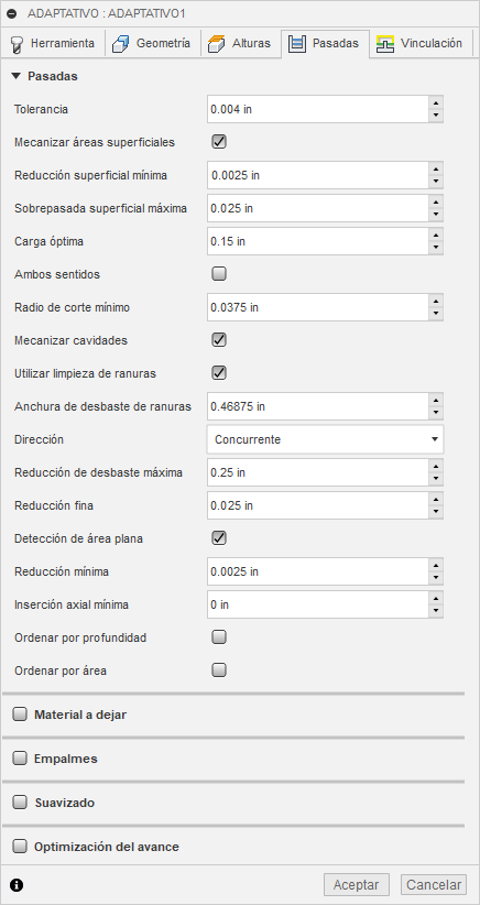 ficha pasadas del cuadro de diálogo limpieza adaptativa 3d