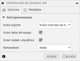 cuadro de diálogo de configuración de exportación de 3mf