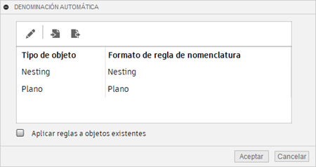 cuadro de diálogo denominación automática