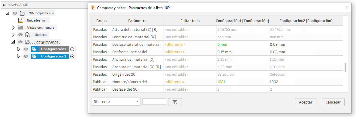 cuadro de diálogo comparar y editar - configurar