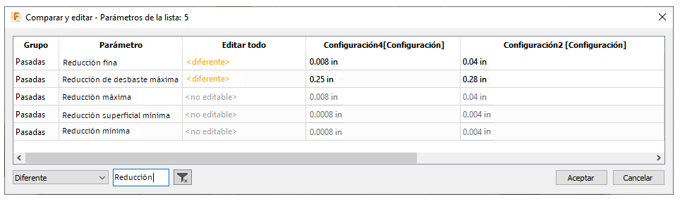 cuadro de diálogo comparar y editar: filtrar diferentes