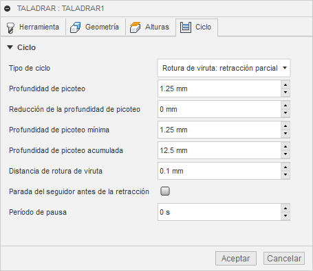 ficha ciclo del cuadro de diálogo taladro