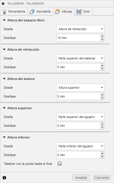 ficha alturas del cuadro de diálogo taladro