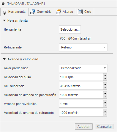 ficha herramienta del cuadro de diálogo taladro