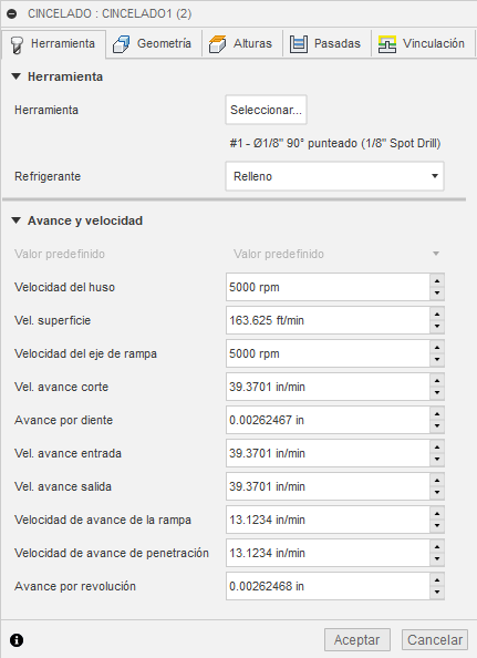 ficha herramienta del cuadro de diálogo cincelado 2D