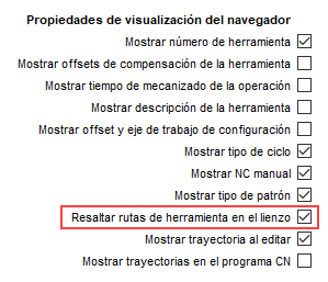Cuadro de diálogo de preferencias de activación del resaltado de las rutas de herramienta