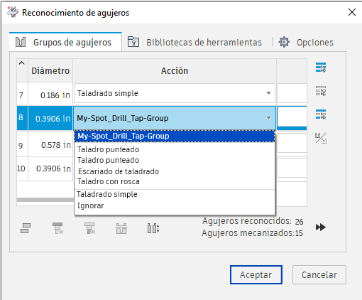 cuadro de diálogo reconocimiento de agujeros: ficha grupos de agujeros: acciones: guardar plantilla