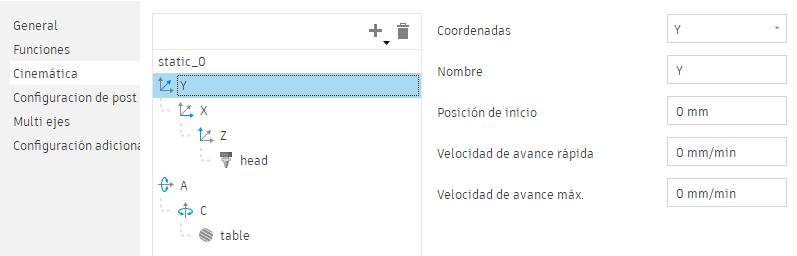 Ficha Cinemática: configuración de posición de eje y de inicio