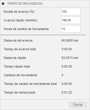 cuadro de diálogo tiempo de mecanizado