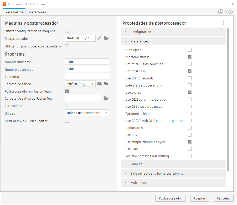 cuadro de diálogo de procesamiento posterior: propiedad y valor