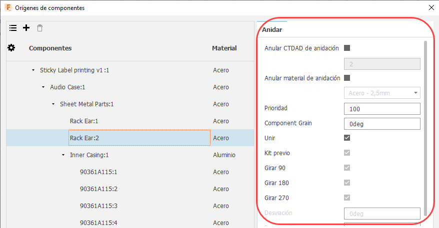 cuadro de diálogo orígenes de componentes