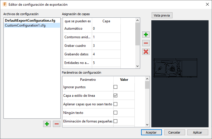 editor de configuración de exportación