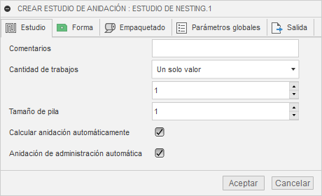 cuadro de diálogo crear estudio de nesting