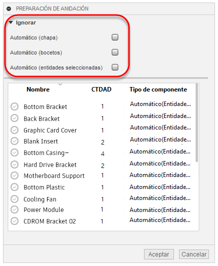 cuadro de diálogo preparación de nesting