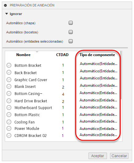 cuadro de diálogo preparación de nesting