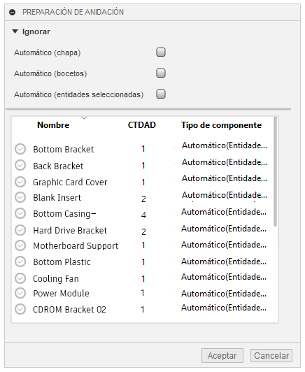 cuadro de diálogo de preparación de Nesting