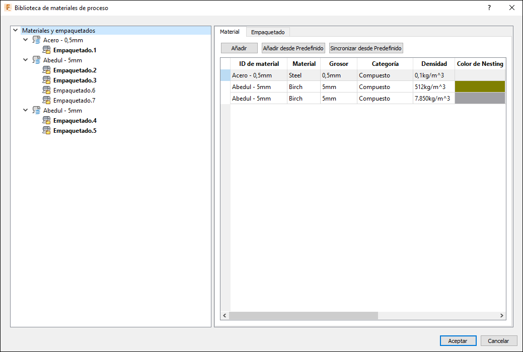 cuadro de diálogo biblioteca de materiales de proceso
