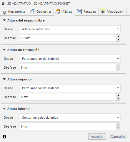 cuadro de diálogo de limpieza adaptativa 2d, ficha alturas